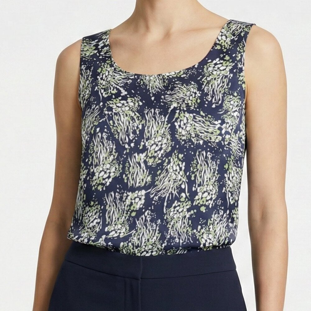St. John Silk Stretch Shell Tank Top Navy Green Abstract Print Small